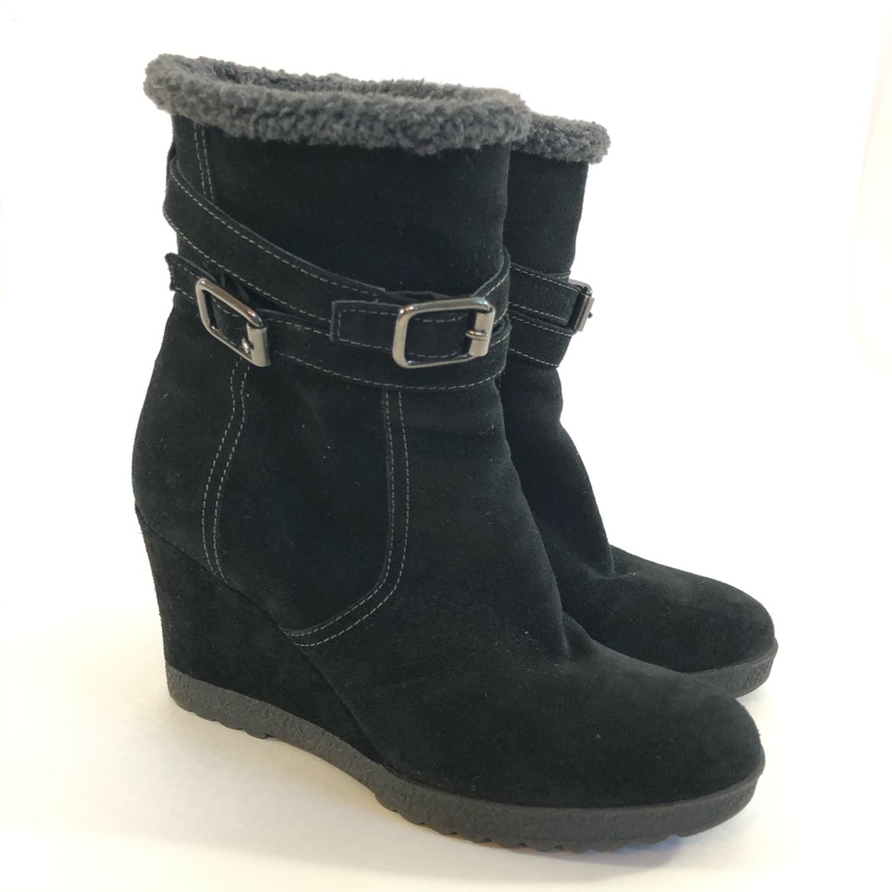 Aquatalia Black Suede Wedge Ankle Boots with Faux Fur Trim